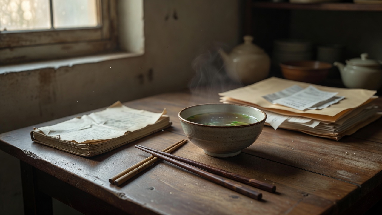 南方小城老屋餐桌上的一碗汤与两副碗筷，午后自然光斜照，画面安静